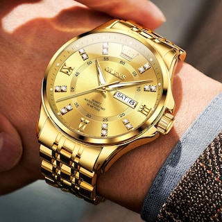 Foto 2 | Reloj Olevs Para Hombre, Acero Inoxidable Dorado, Resistente Al Agua Con Diamante - Venta Internacional.