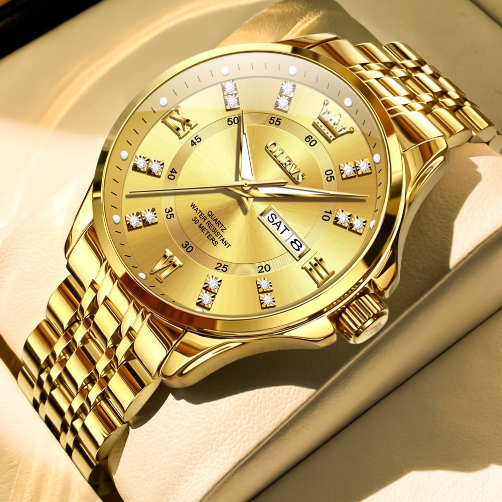 Foto 3 | Reloj Olevs Para Hombre, Acero Inoxidable Dorado, Resistente Al Agua Con Diamante - Venta Internacional.