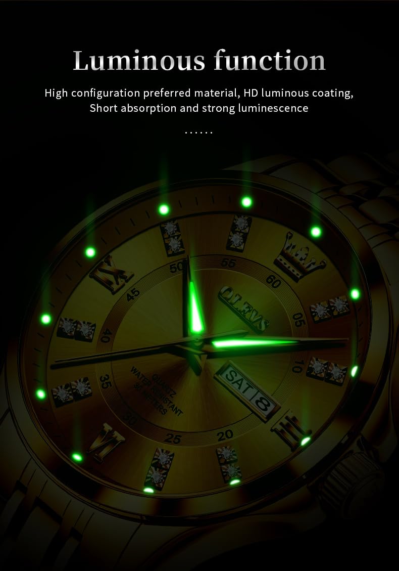 Foto 5 | Reloj Olevs Para Hombre, Acero Inoxidable Dorado, Resistente Al Agua Con Diamante - Venta Internacional.
