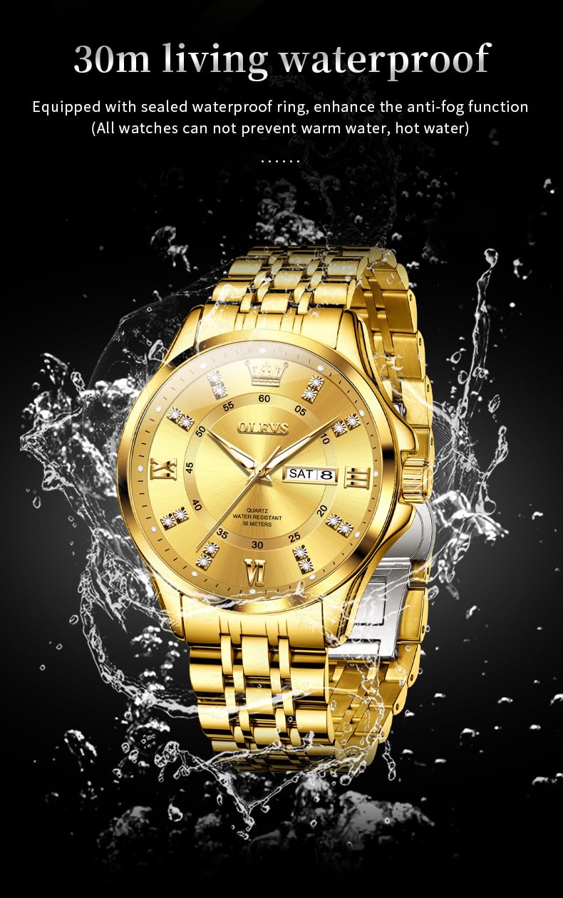 Foto 6 | Reloj Olevs Para Hombre, Acero Inoxidable Dorado, Resistente Al Agua Con Diamante - Venta Internacional.
