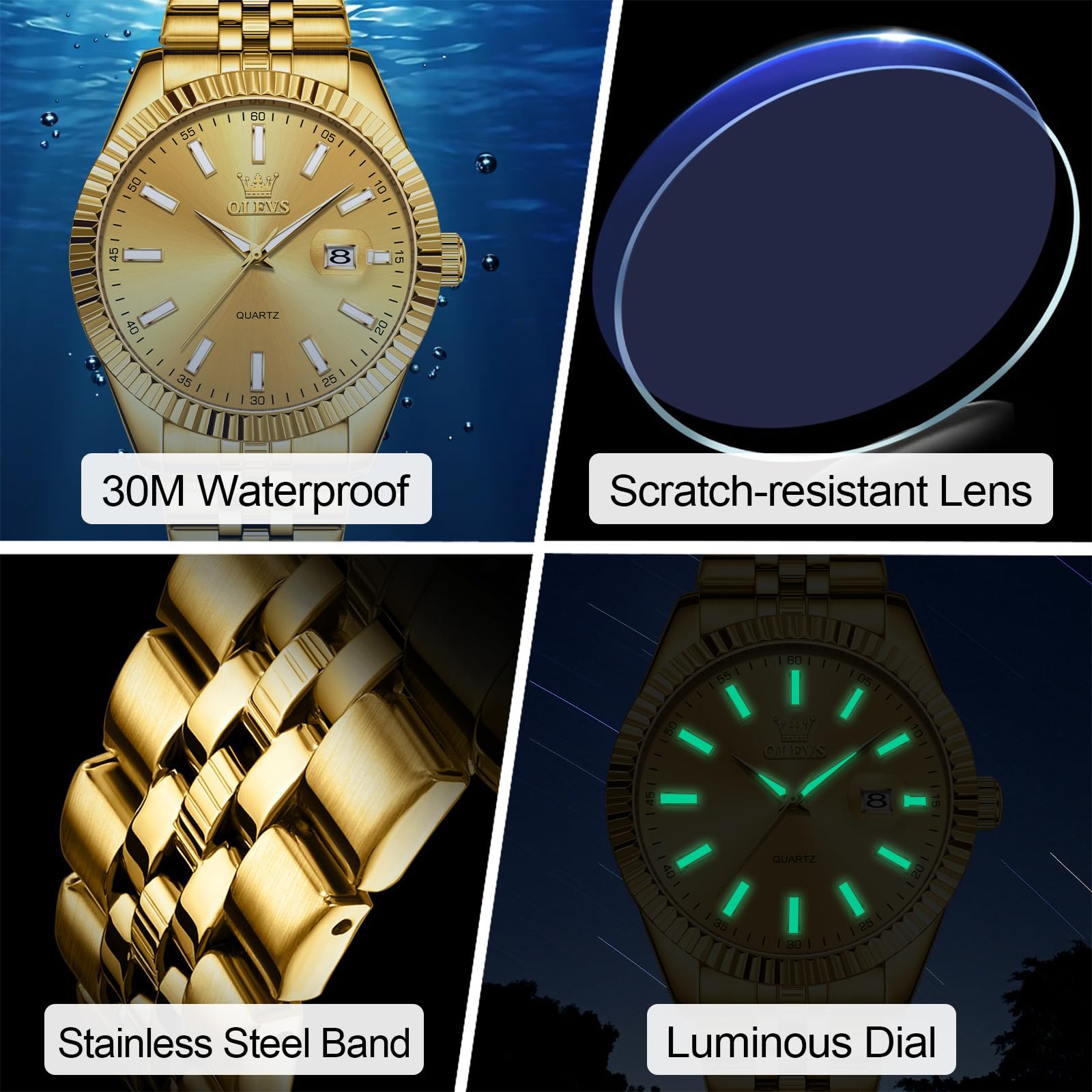 Foto 6 pulgar | Reloj Olevs Gold Para Hombre, Vestido De Negocios Con Cara Grande, Impermeable - Venta Internacional.