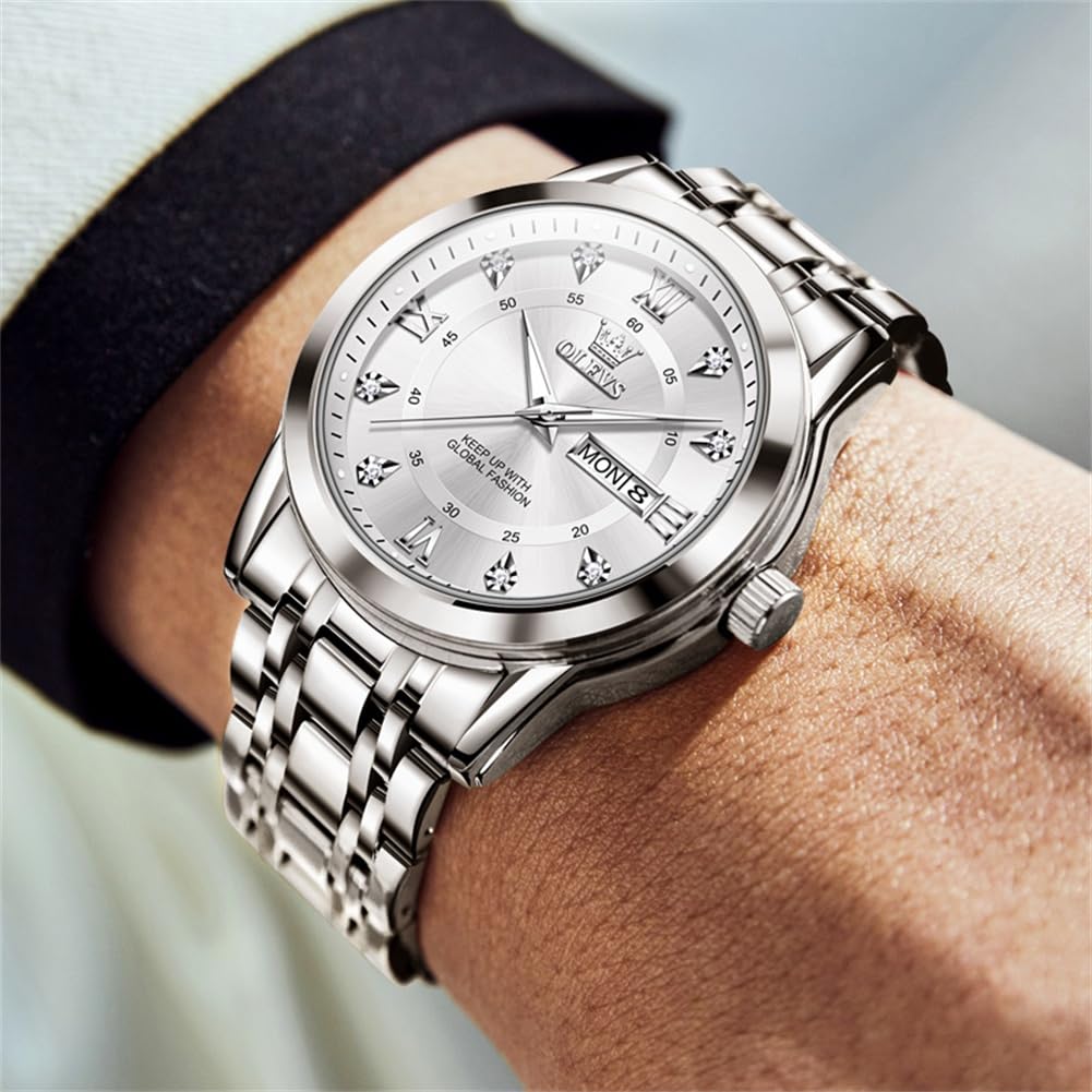 Foto 2 | Reloj Olevs Para Hombre, De Acero Inoxidable Plateado, Impermeable Y Luminoso - Venta Internacional.