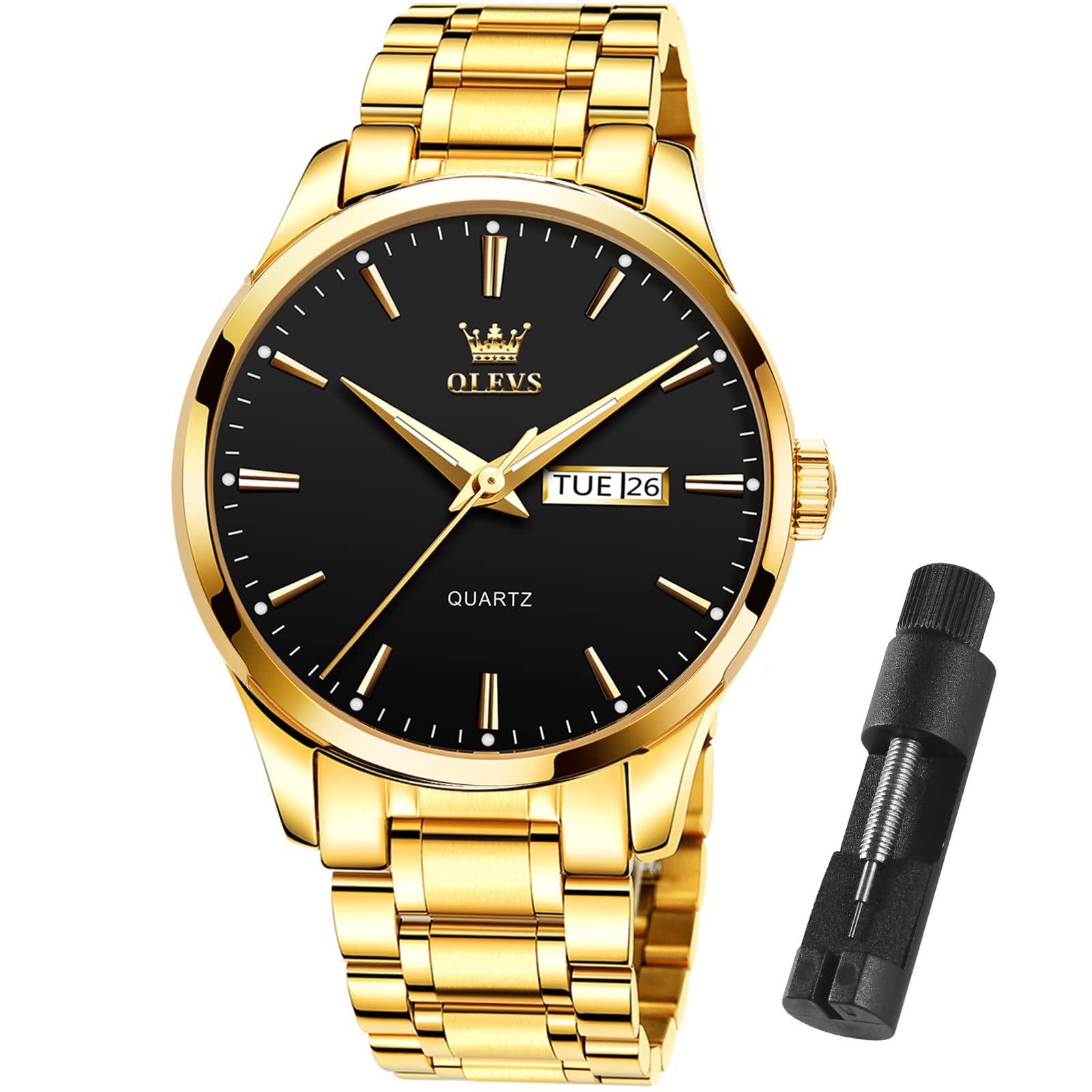 Reloj Olevs Para Hombre, Acero Inoxidable Dorado, Impermeable, 3 Atm, Luminoso - Venta Internacional.