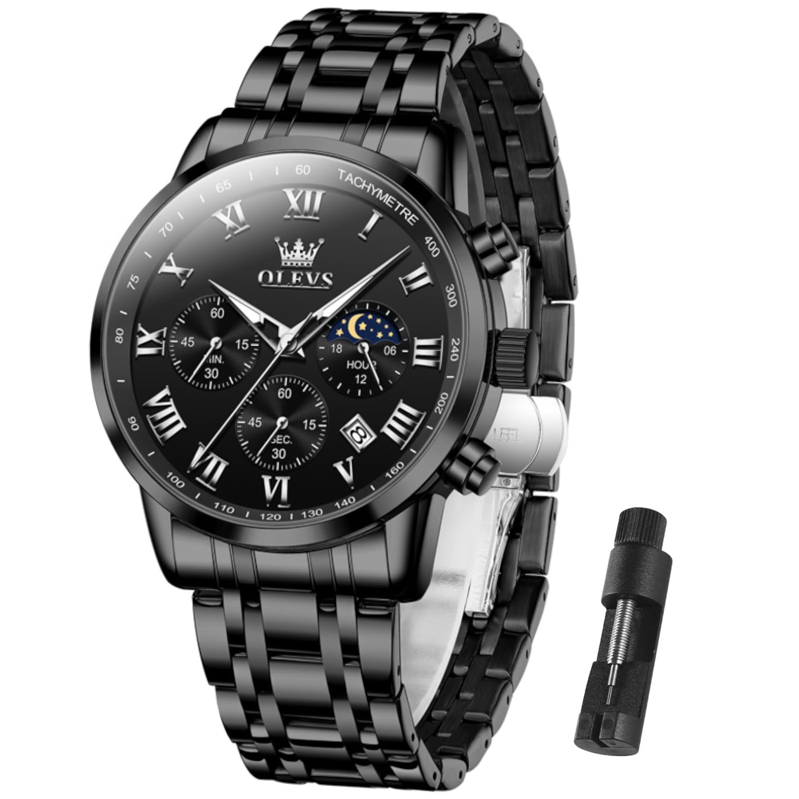Reloj Olevs Black Chronograph De Acero Inoxidable Para Hombre - Venta Internacional.