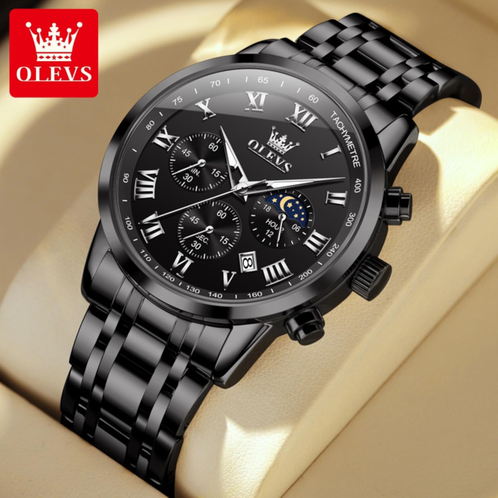 Foto 3 pulgar | Reloj Olevs Black Chronograph De Acero Inoxidable Para Hombre - Venta Internacional.