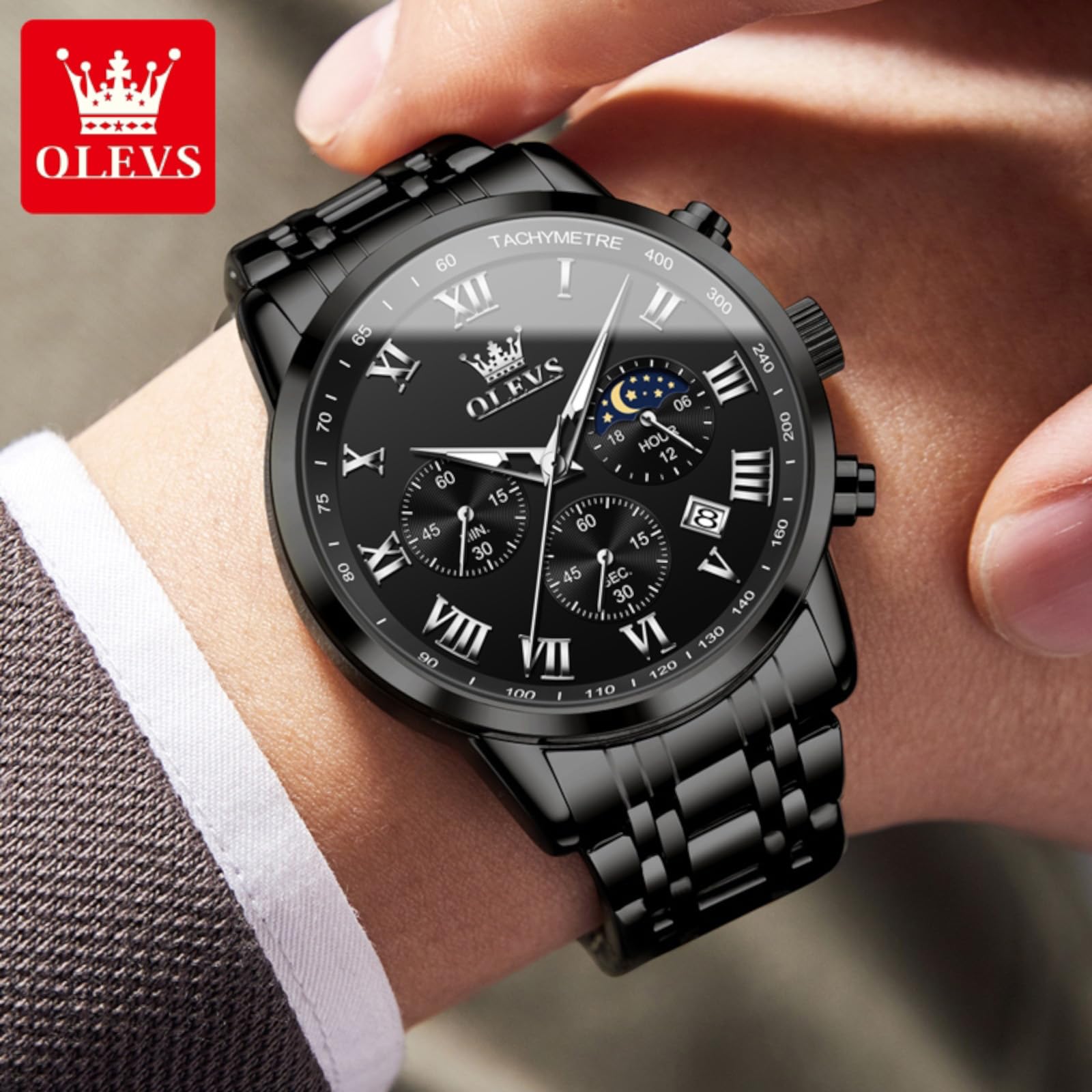 Foto 4 pulgar | Reloj Olevs Black Chronograph De Acero Inoxidable Para Hombre - Venta Internacional.