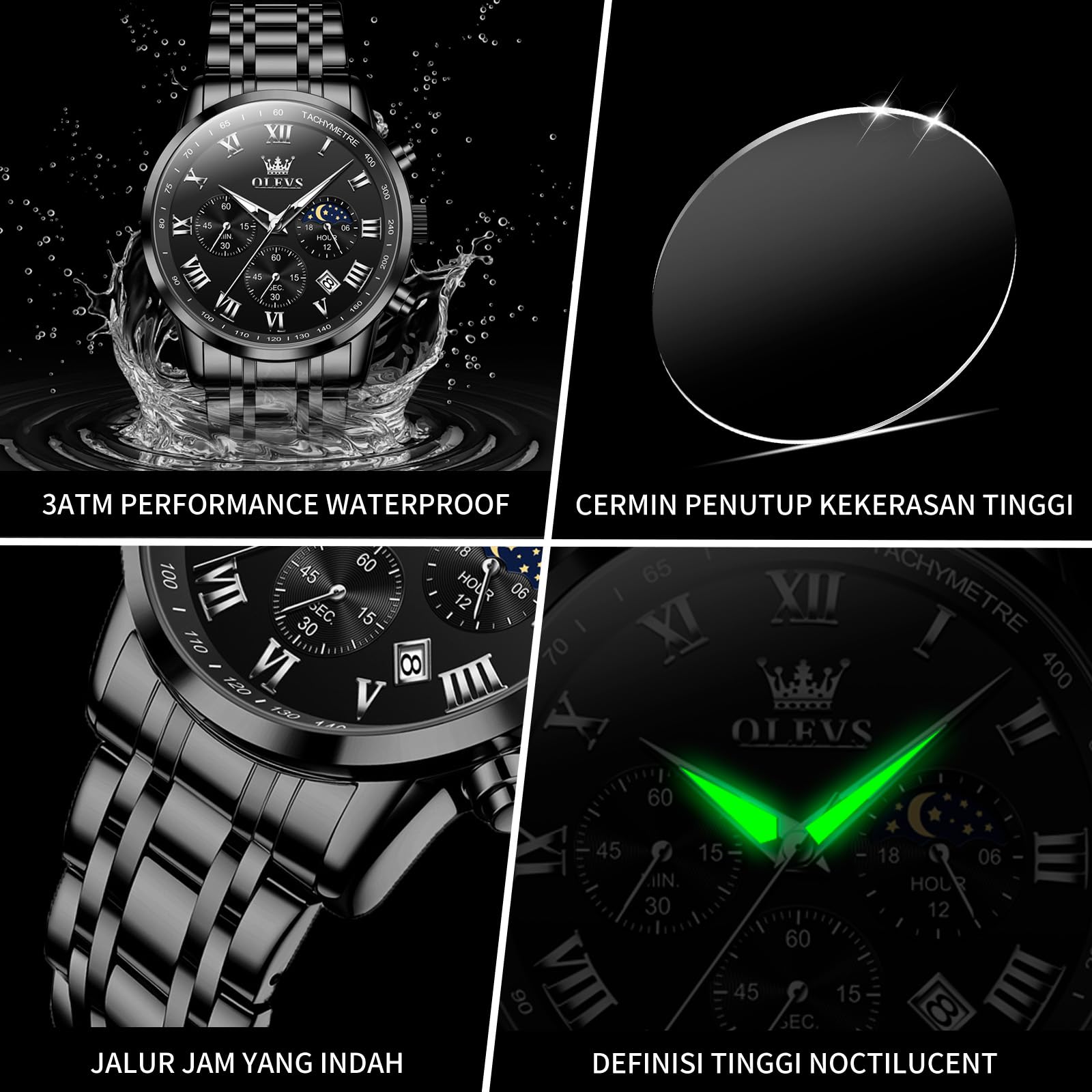 Foto 5 pulgar | Reloj Olevs Black Chronograph De Acero Inoxidable Para Hombre - Venta Internacional.
