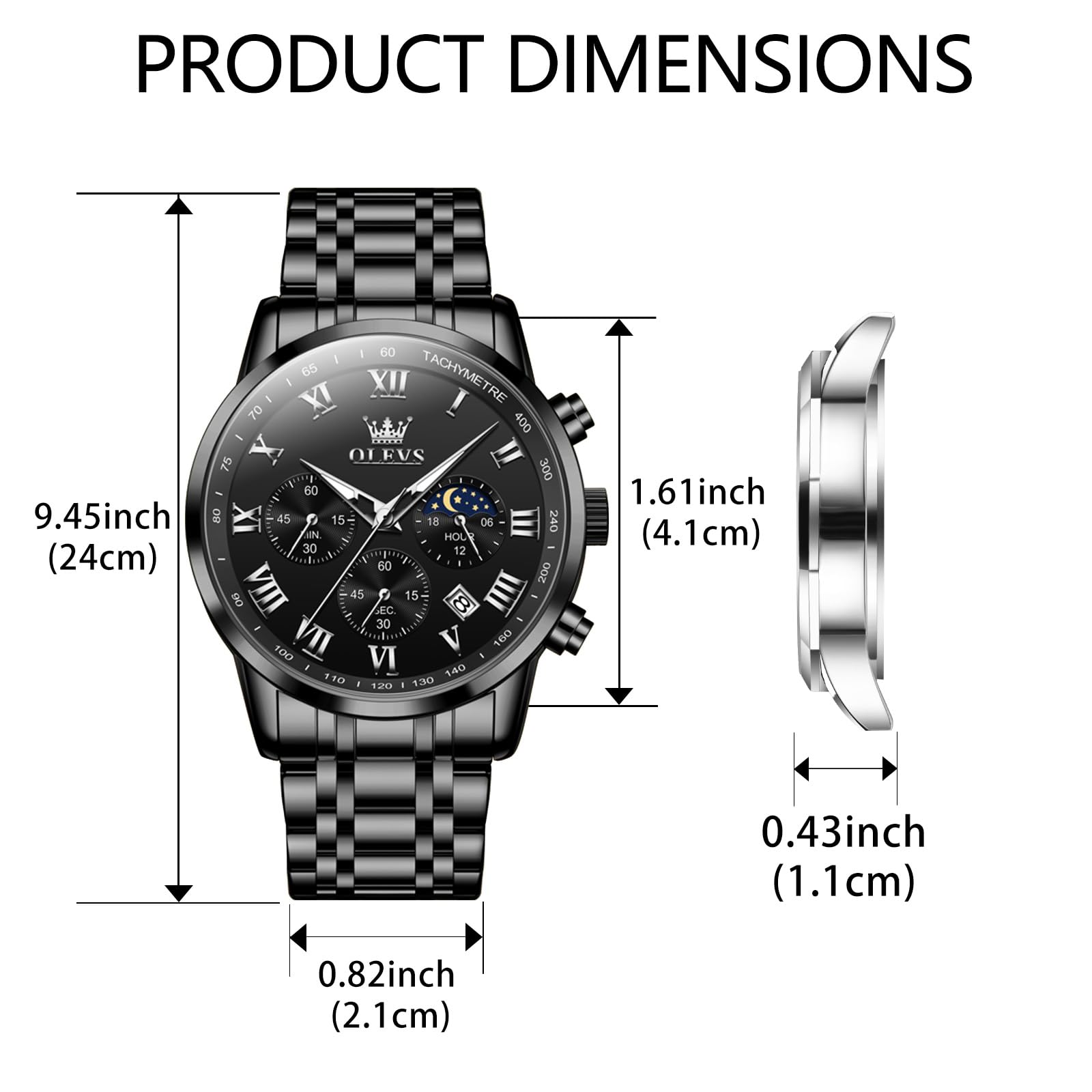 Foto 6 pulgar | Reloj Olevs Black Chronograph De Acero Inoxidable Para Hombre - Venta Internacional.