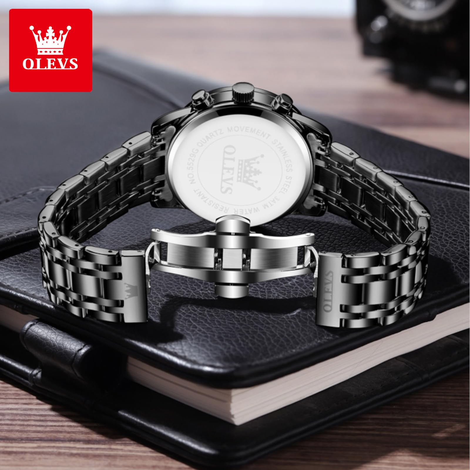 Foto 7 pulgar | Reloj Olevs Black Chronograph De Acero Inoxidable Para Hombre - Venta Internacional.