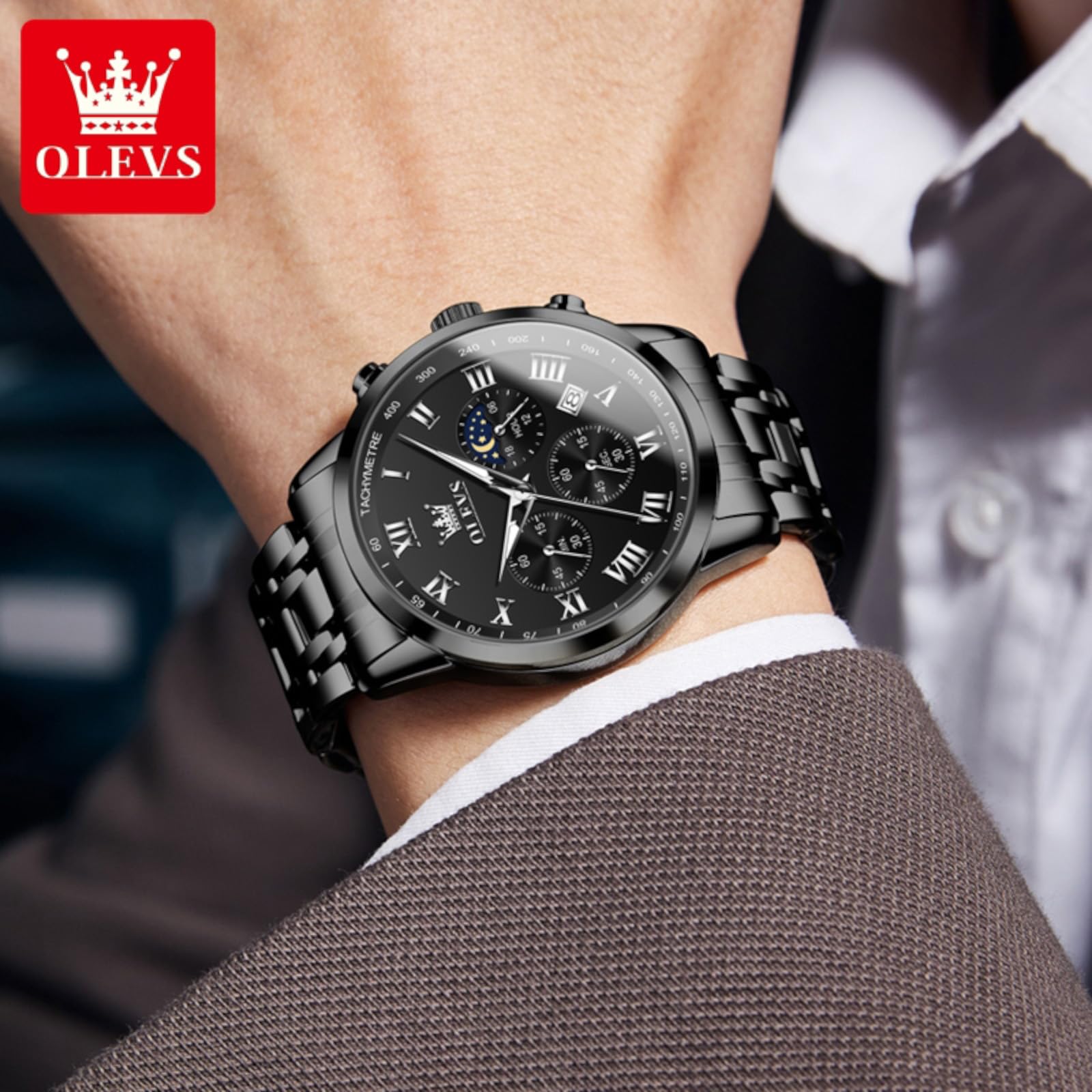 Foto 8 pulgar | Reloj Olevs Black Chronograph De Acero Inoxidable Para Hombre - Venta Internacional.