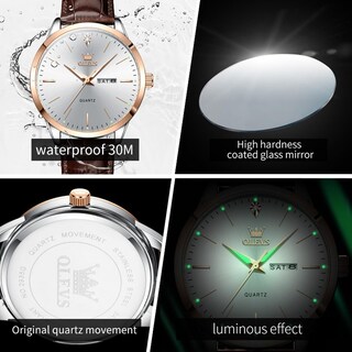 Foto 3 | Reloj Olevs Vestido Clásico De Cuero Marrón Impermeable Para Hombre - Venta Internacional.