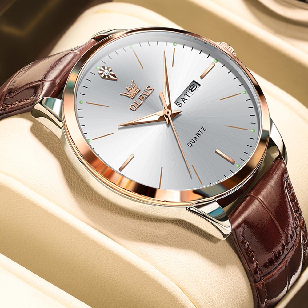 Foto 4 | Reloj Olevs Vestido Clásico De Cuero Marrón Impermeable Para Hombre - Venta Internacional.
