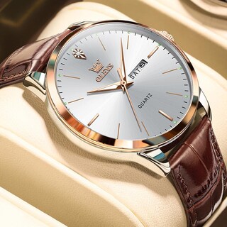 Foto 4 | Reloj Olevs Vestido Clásico De Cuero Marrón Impermeable Para Hombre - Venta Internacional.