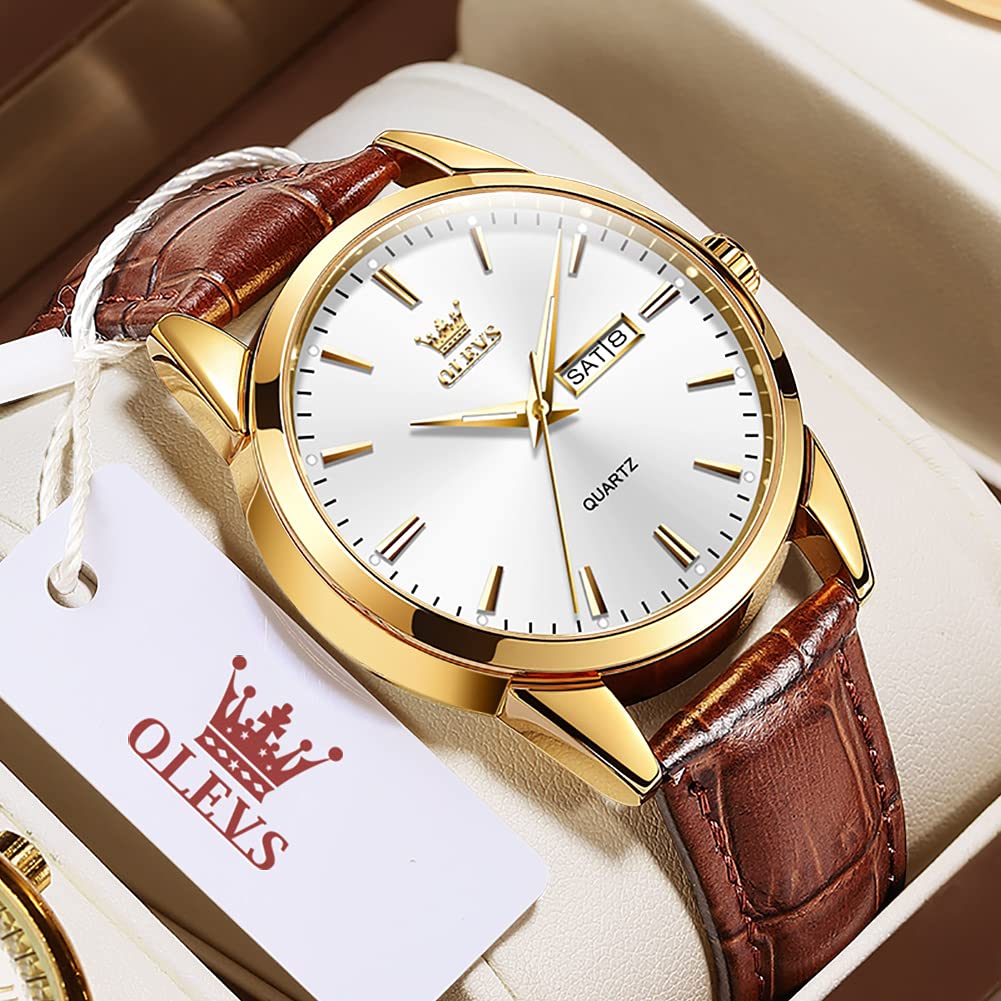 Foto 3 | Reloj De Pulsera Olevs Para Hombre, Cuero Marrón, Esfera Blanca, Impermeable - Venta Internacional.