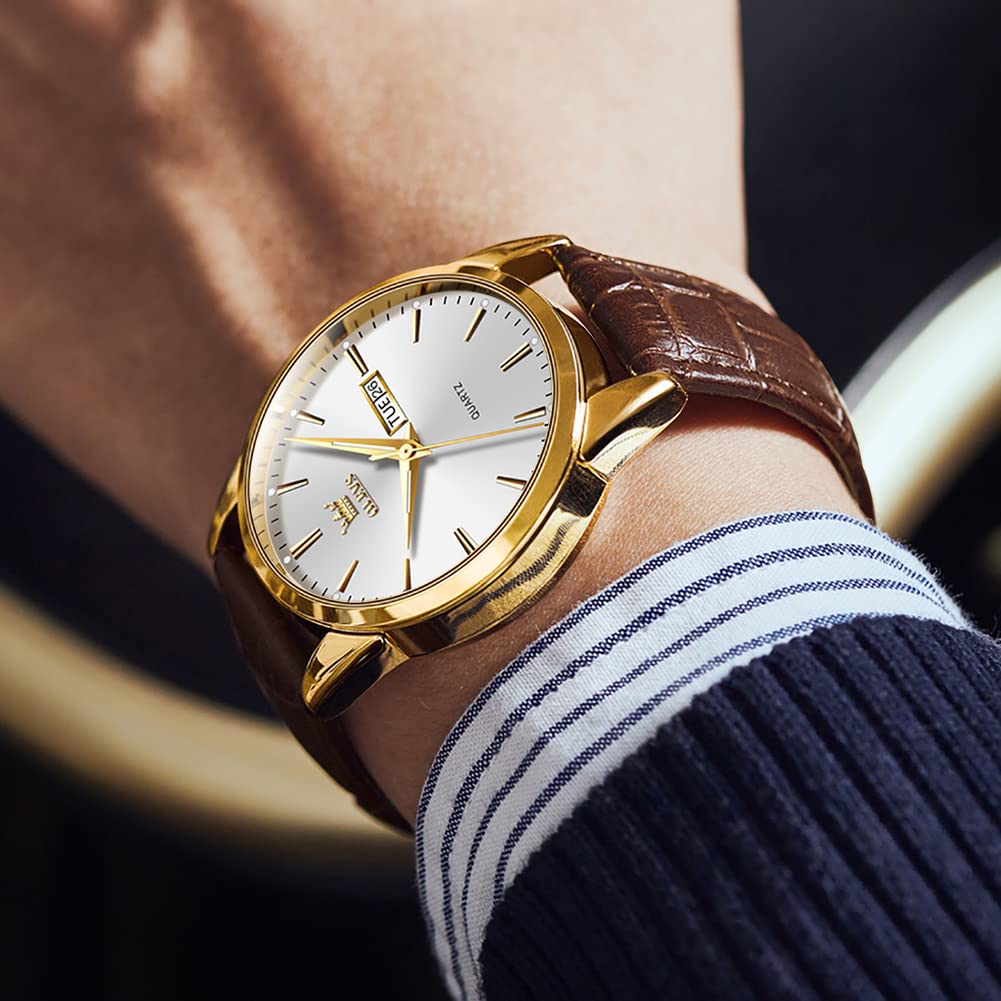 Foto 5 pulgar | Reloj De Pulsera Olevs Para Hombre, Cuero Marrón, Esfera Blanca, Impermeable - Venta Internacional.