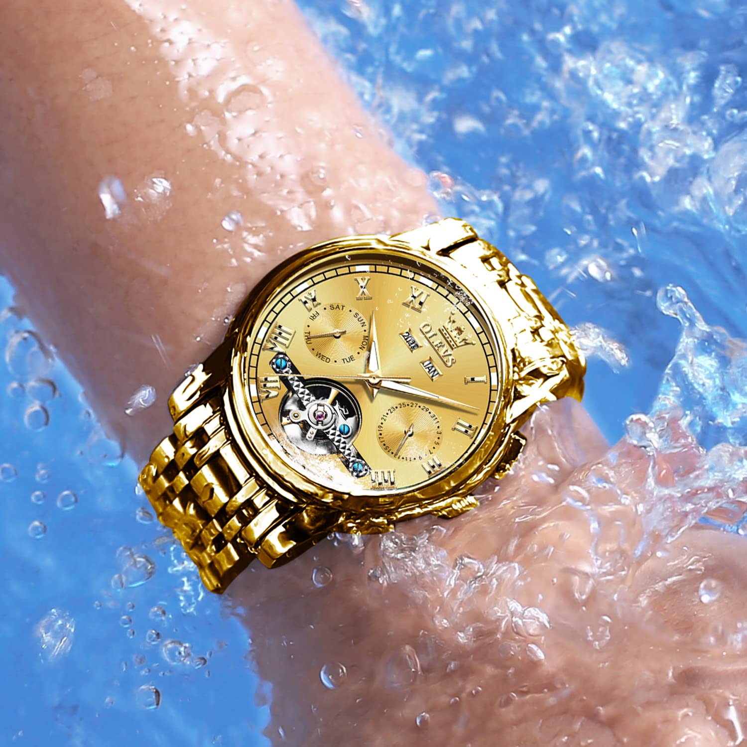 Foto 2 | Reloj Olevs Self Winding Tourbillon Dorado De Acero Inoxidable Para Hombre - Venta Internacional.