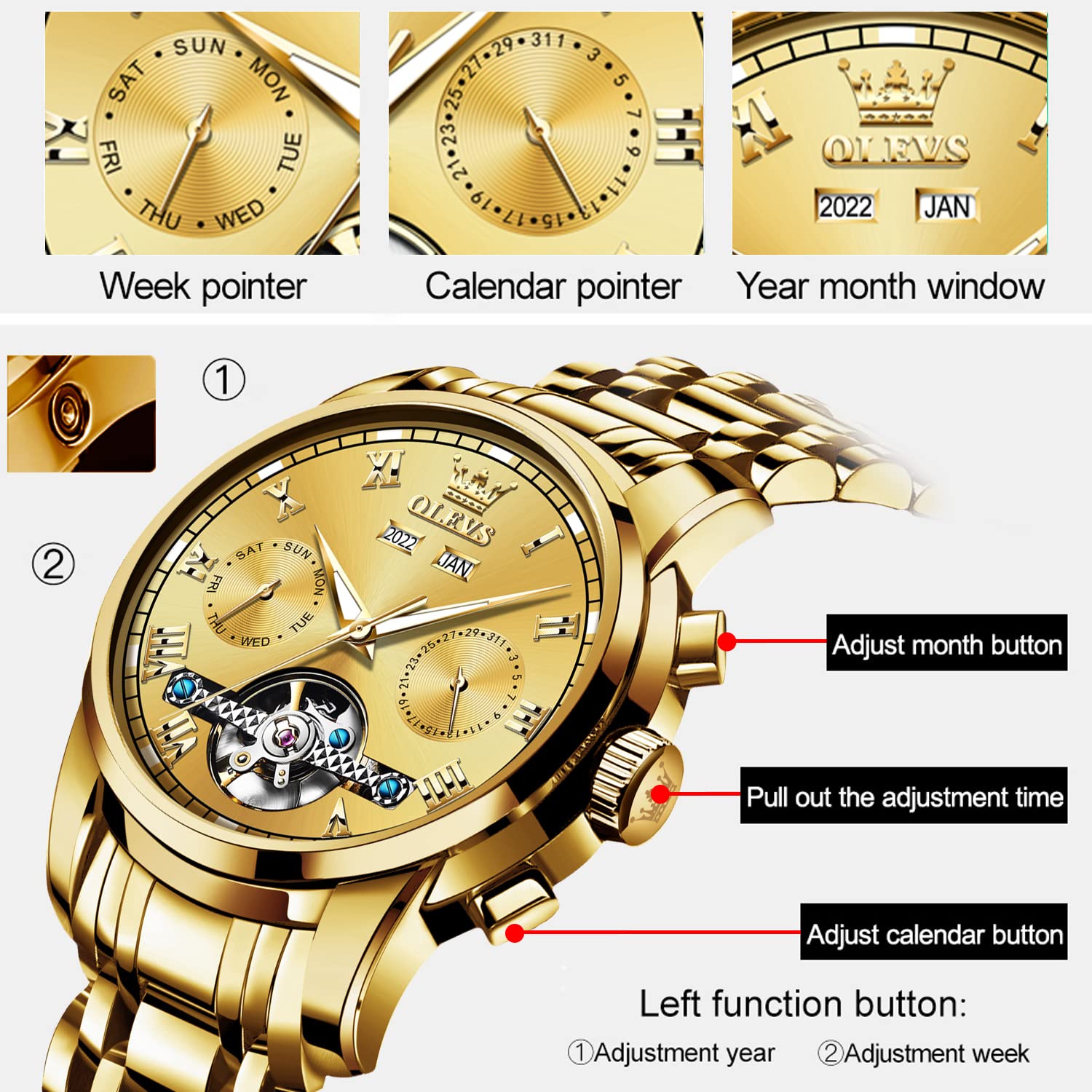 Foto 5 pulgar | Reloj Olevs Self Winding Tourbillon Dorado De Acero Inoxidable Para Hombre - Venta Internacional.
