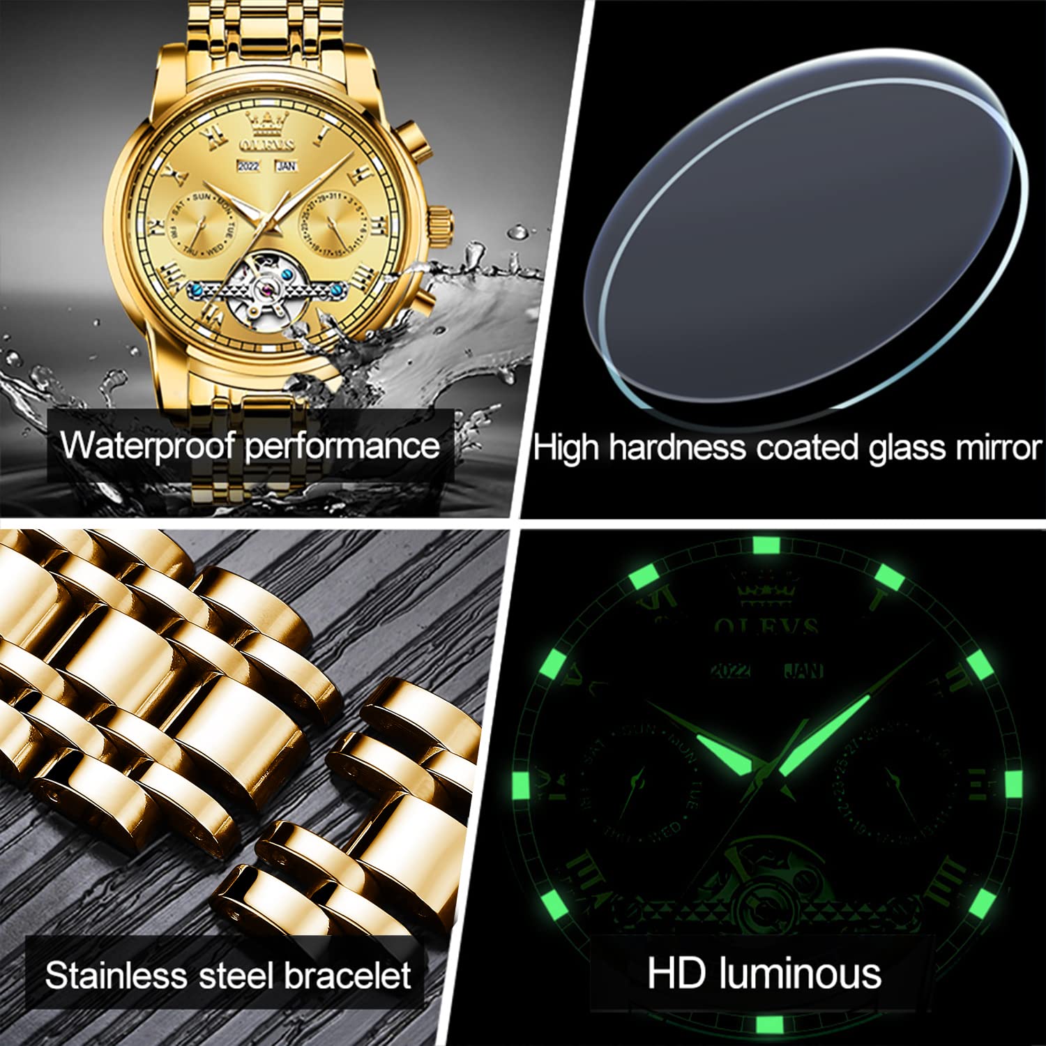 Foto 6 pulgar | Reloj Olevs Self Winding Tourbillon Dorado De Acero Inoxidable Para Hombre - Venta Internacional.