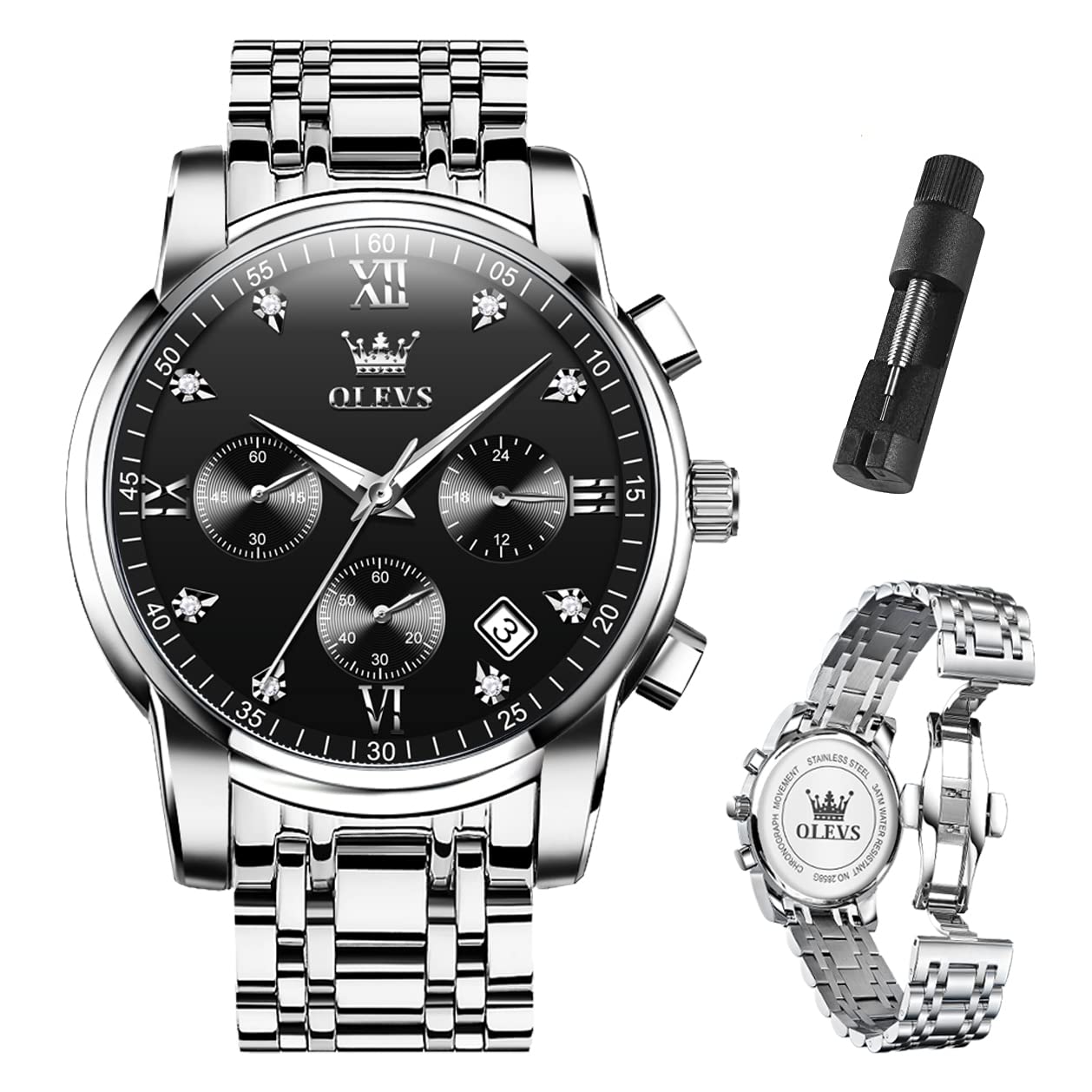 Foto 2 pulgar | Reloj Olevs Cronógrafo Negro Plateado De Acero Inoxidable Para Hombre - Venta Internacional.