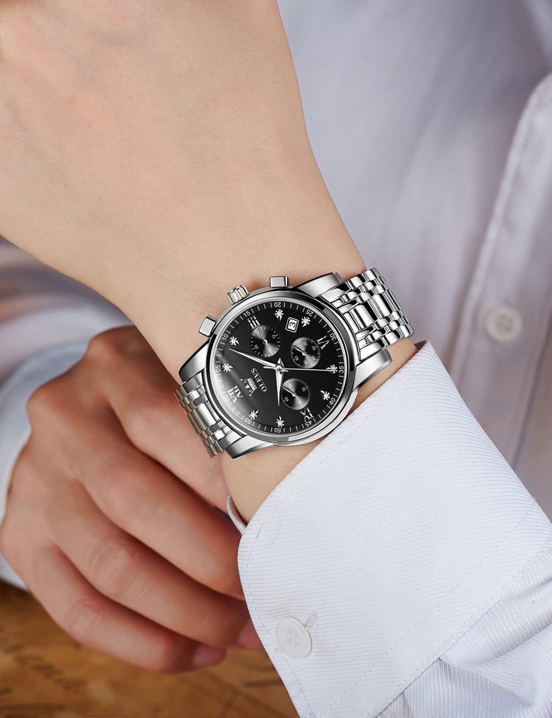 Foto 4 pulgar | Reloj Olevs Cronógrafo Negro Plateado De Acero Inoxidable Para Hombre - Venta Internacional.