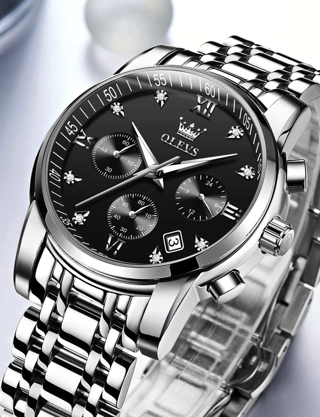 Foto 5 pulgar | Reloj Olevs Cronógrafo Negro Plateado De Acero Inoxidable Para Hombre - Venta Internacional.