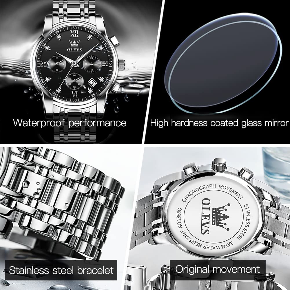 Foto 5 | Reloj Olevs Cronógrafo Negro Plateado De Acero Inoxidable Para Hombre - Venta Internacional.