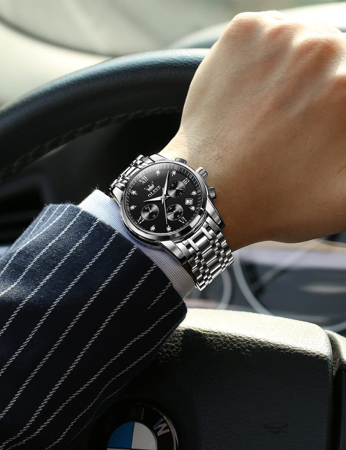 Foto 8 pulgar | Reloj Olevs Cronógrafo Negro Plateado De Acero Inoxidable Para Hombre - Venta Internacional.