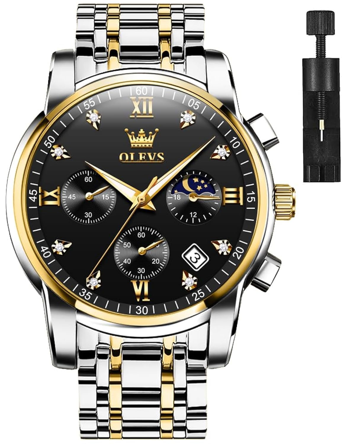 Foto 2 pulgar | Reloj Olevs Para Hombre, Acero Inoxidable, Negro, Resistente Al Agua Hasta 30 M - Venta Internacional.