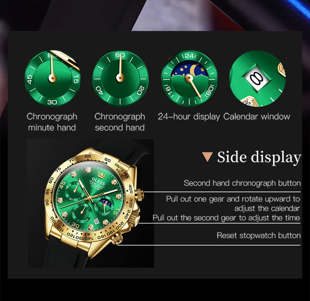 Foto 4 pulgar | Reloj Olevs Para Hombre, Cronógrafo Analógico, De Cuarzo, Resistente Al Agua, Color Verde - Venta Internacional.