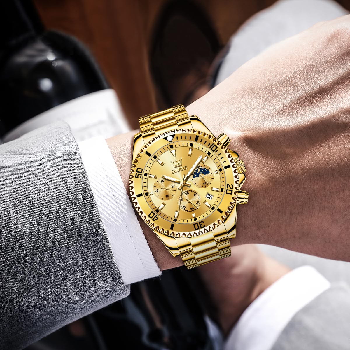 Foto 5 pulgar | Reloj Olevs Business Dress Big Face Gold Chronograph Para Hombre - Venta Internacional.