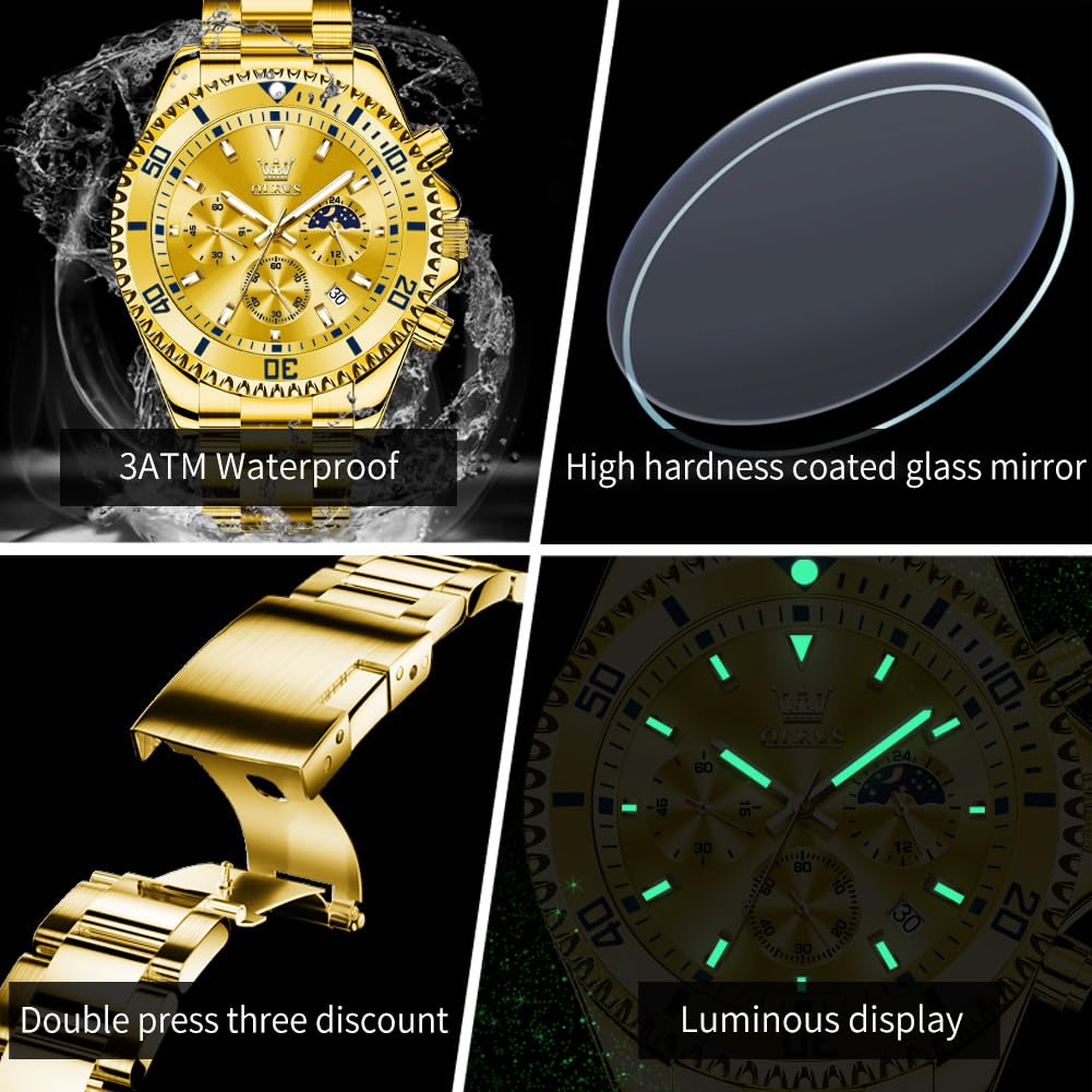 Foto 6 pulgar | Reloj Olevs Business Dress Big Face Gold Chronograph Para Hombre - Venta Internacional.