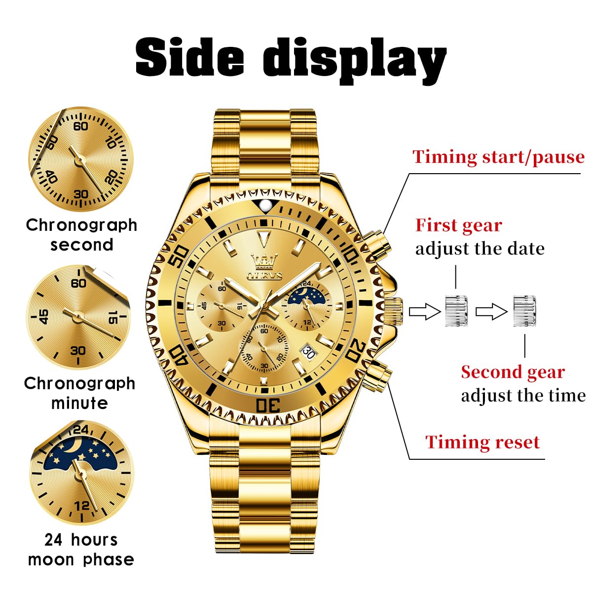 Foto 7 pulgar | Reloj Olevs Business Dress Big Face Gold Chronograph Para Hombre - Venta Internacional.