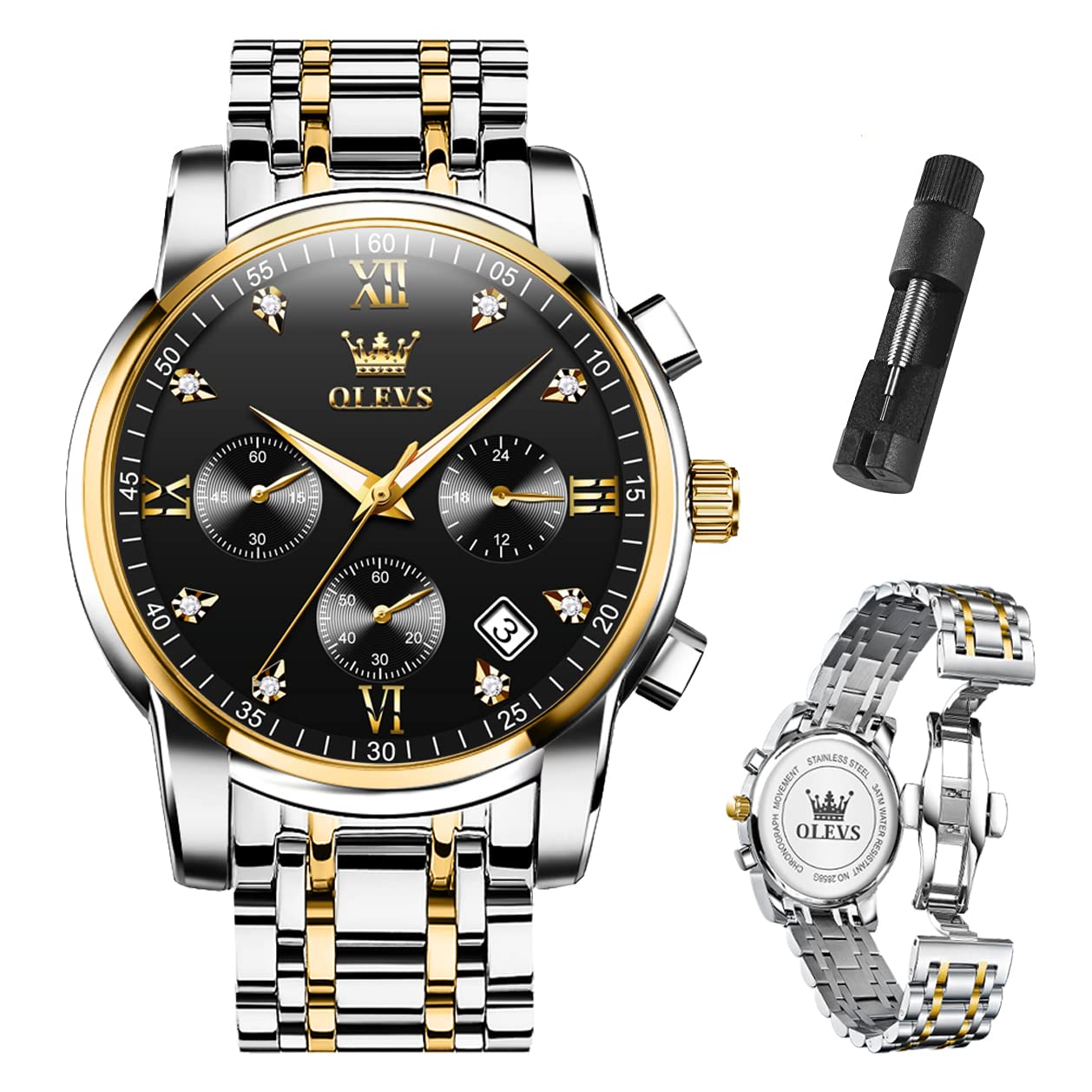 Reloj Olevs Silver Black Chronograph Impermeable Para Hombre - Venta Internacional.