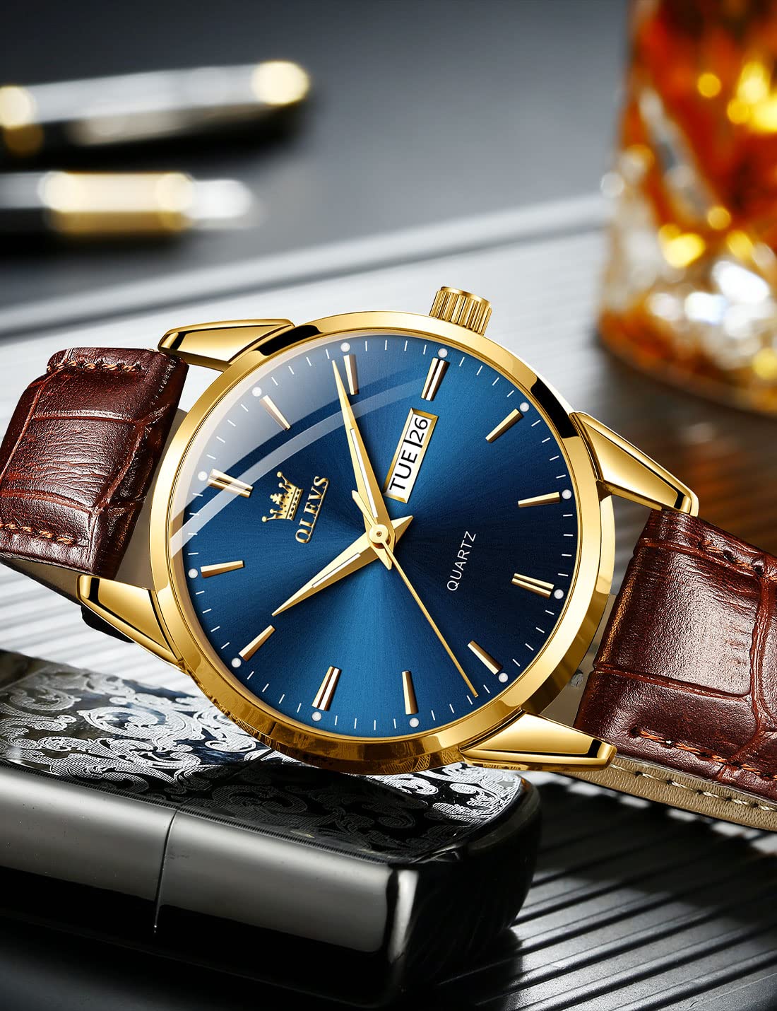Foto 3 pulgar | Reloj Olevs De Cuero Marrón Con Esfera Azul Y Cuarzo Para Hombre - Venta Internacional.
