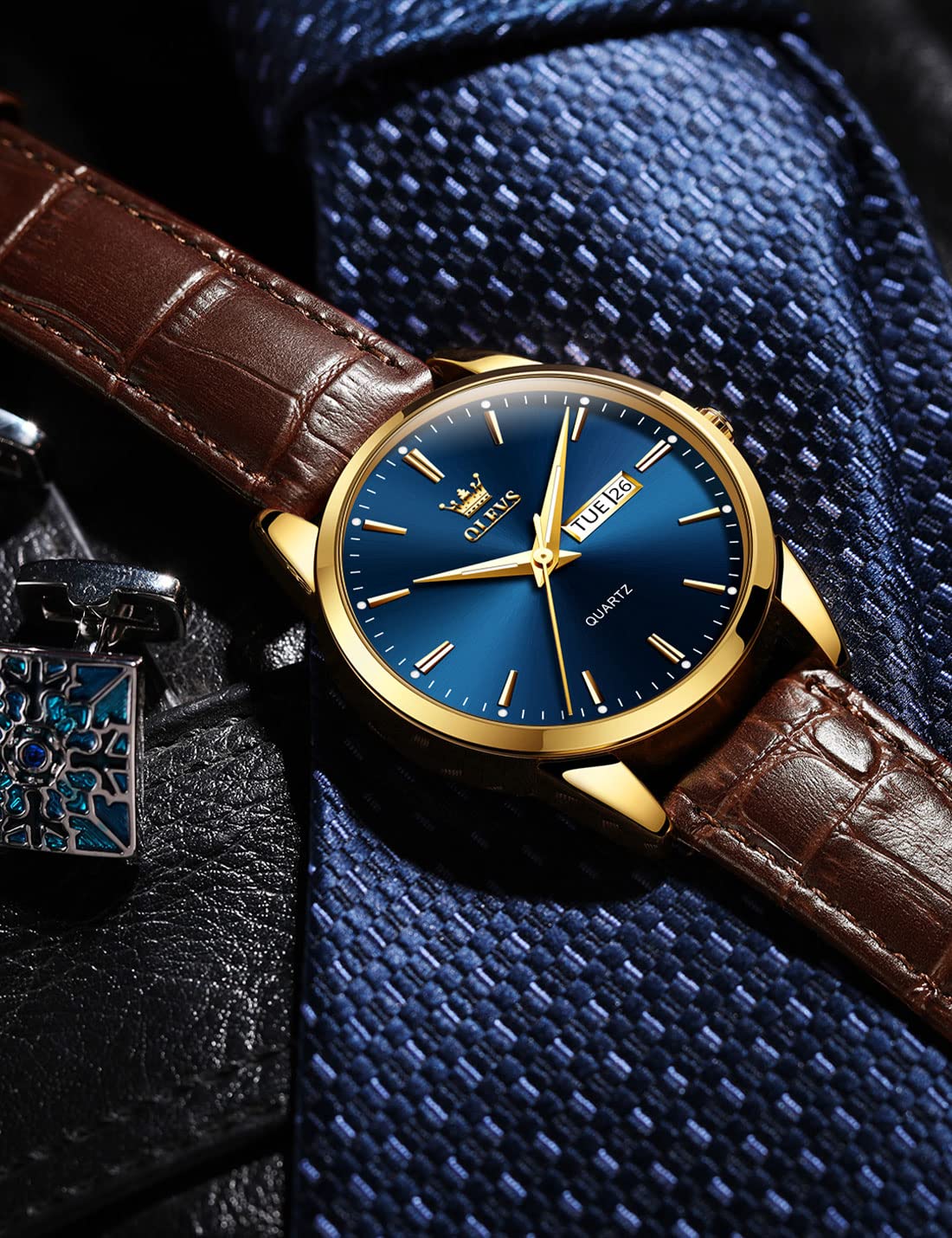 Foto 4 pulgar | Reloj Olevs De Cuero Marrón Con Esfera Azul Y Cuarzo Para Hombre - Venta Internacional.