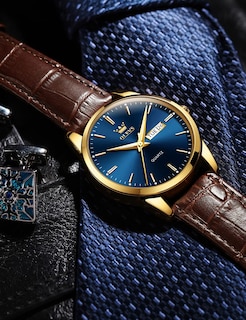 Foto 3 | Reloj Olevs De Cuero Marrón Con Esfera Azul Y Cuarzo Para Hombre - Venta Internacional.