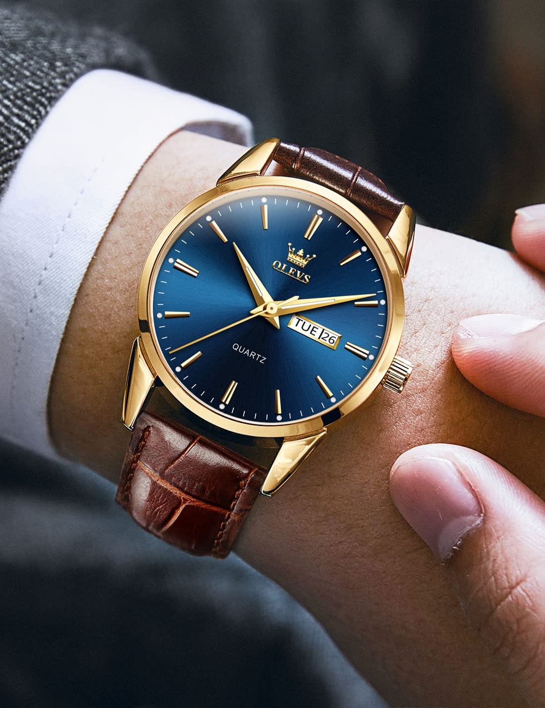 Foto 5 pulgar | Reloj Olevs De Cuero Marrón Con Esfera Azul Y Cuarzo Para Hombre - Venta Internacional.