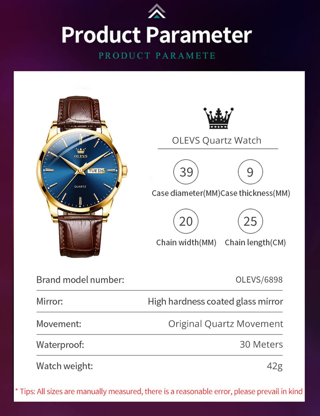 Foto 7 pulgar | Reloj Olevs De Cuero Marrón Con Esfera Azul Y Cuarzo Para Hombre - Venta Internacional.