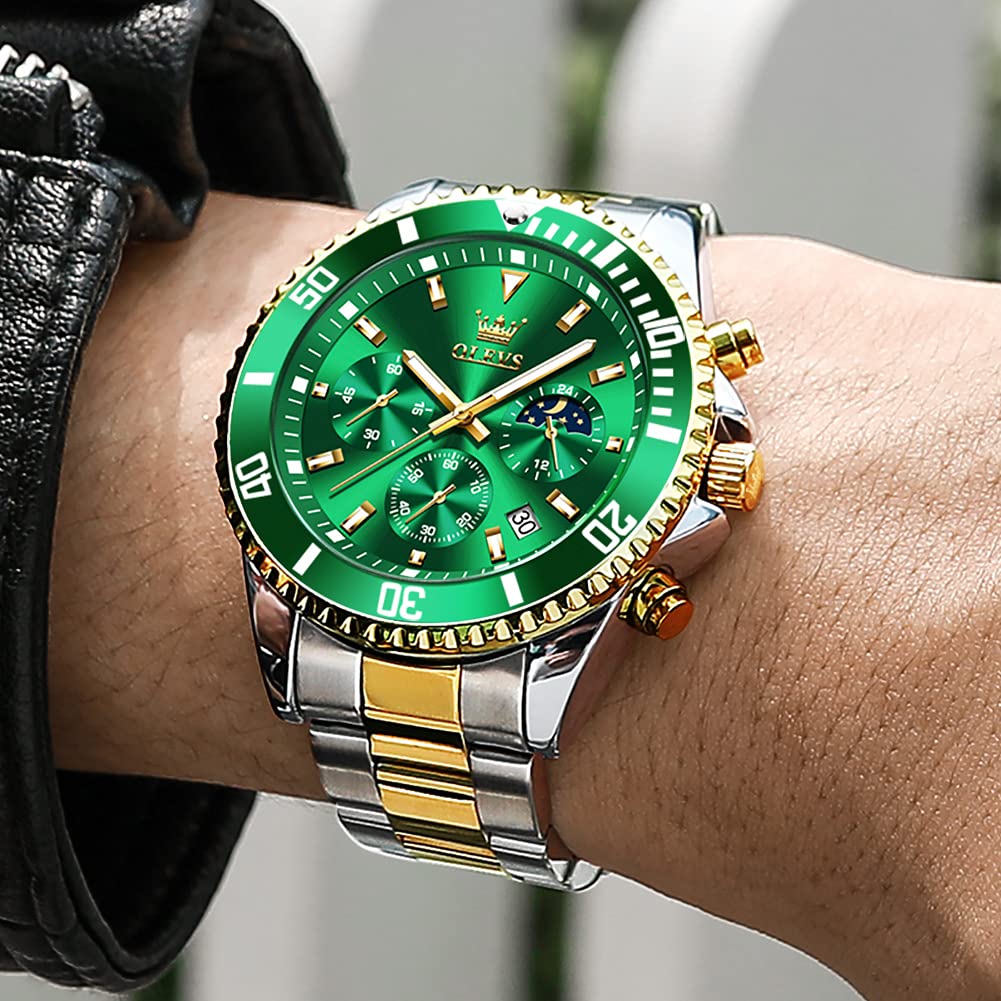 Foto 3 pulgar | Reloj Olevs Green Para Hombre, Cronógrafo Analógico De Cuarzo, Acero Inoxidable - Venta Internacional.