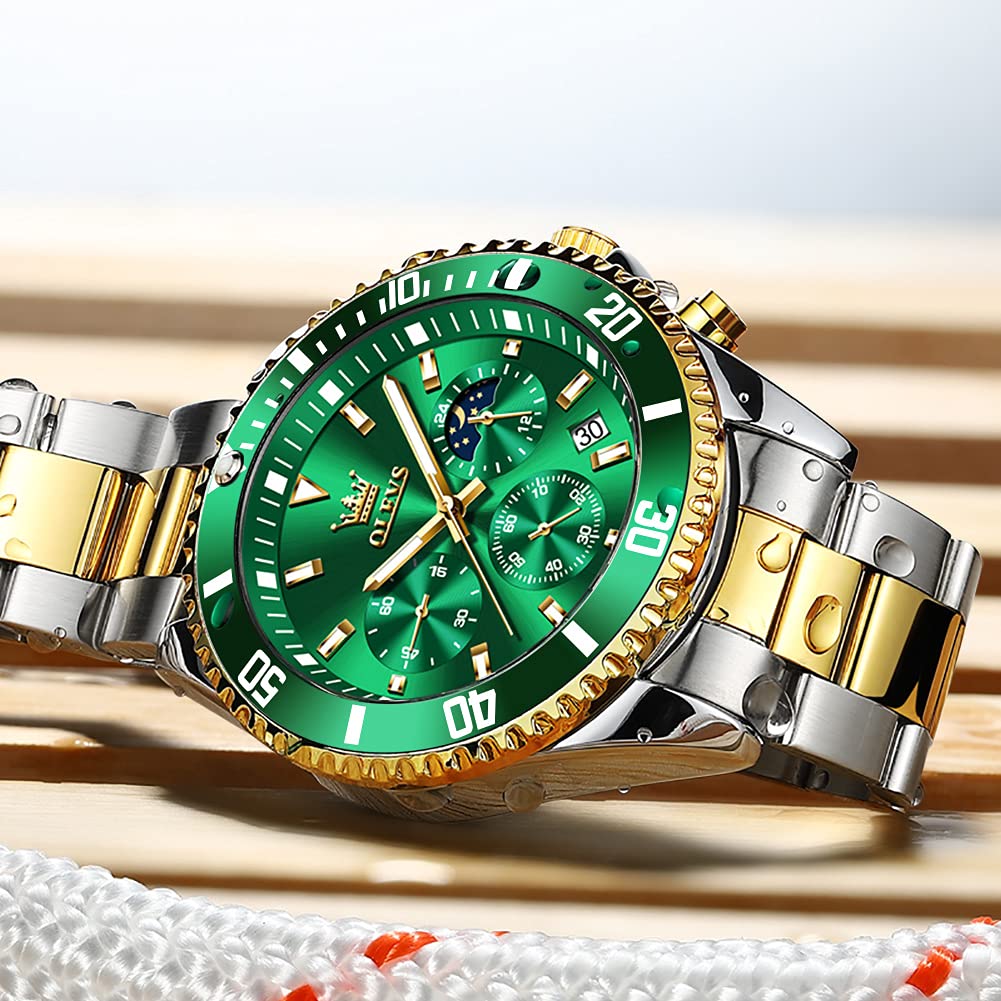 Foto 6 pulgar | Reloj Olevs Green Para Hombre, Cronógrafo Analógico De Cuarzo, Acero Inoxidable - Venta Internacional.
