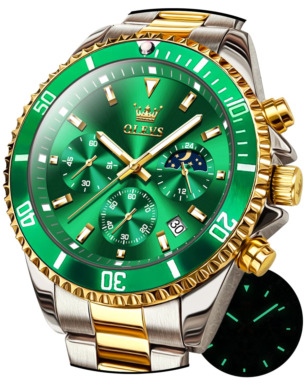 Foto 7 | Reloj Olevs Green Para Hombre, Cronógrafo Analógico De Cuarzo, Acero Inoxidable - Venta Internacional.
