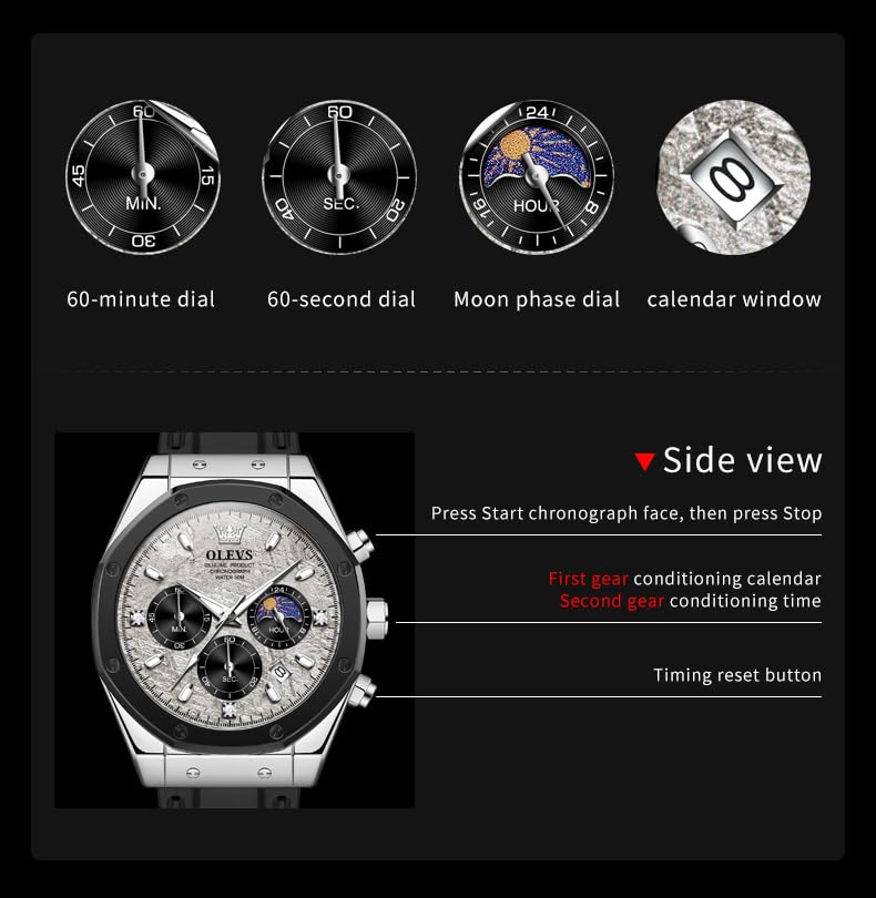 Foto 7 pulgar | Reloj Olevs Fashion Moon Phase Waterproof Para Hombre, Color Gris - Venta Internacional.