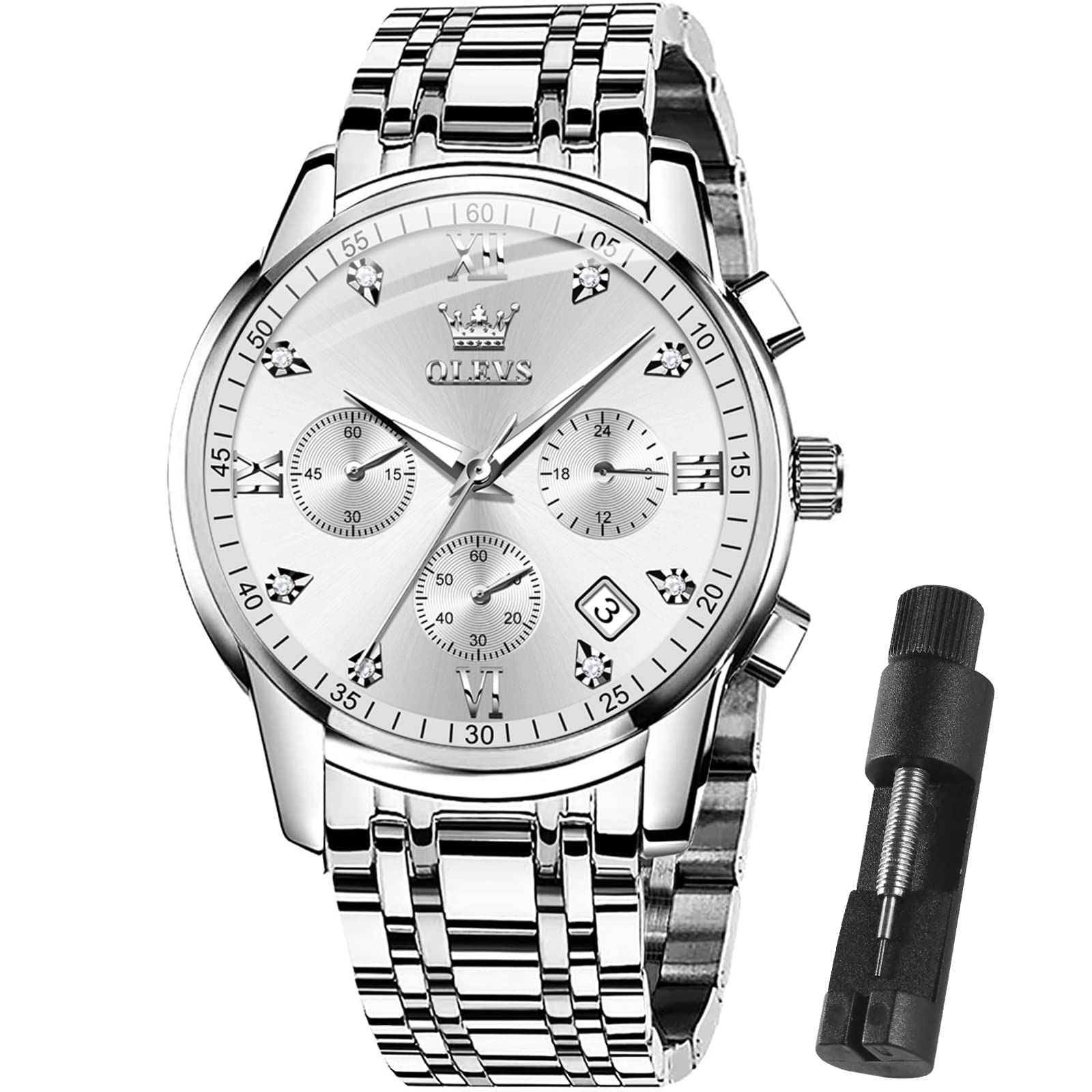Reloj Olevs Cronógrafo De Lujo De Acero Inoxidable Plateado Para Hombre - Venta Internacional.