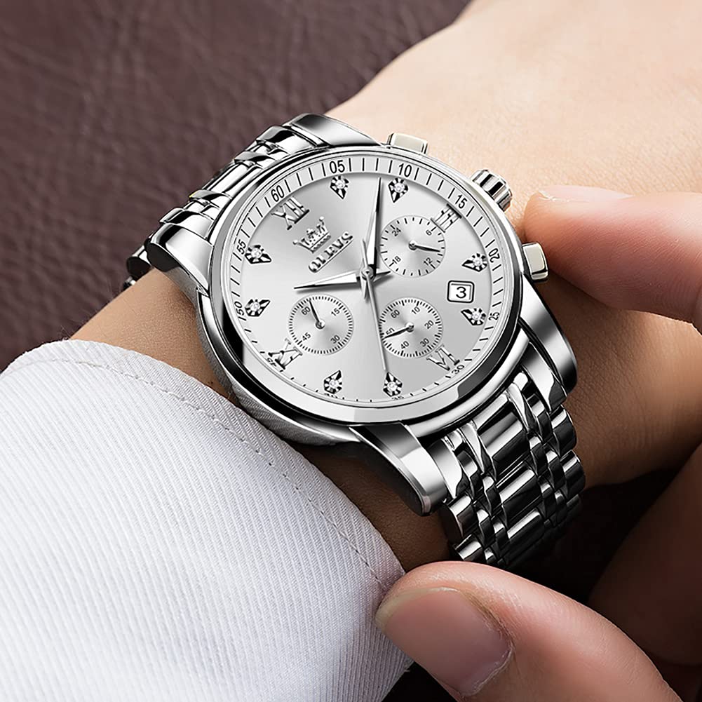 Foto 3 pulgar | Reloj Olevs Cronógrafo De Lujo De Acero Inoxidable Plateado Para Hombre - Venta Internacional.