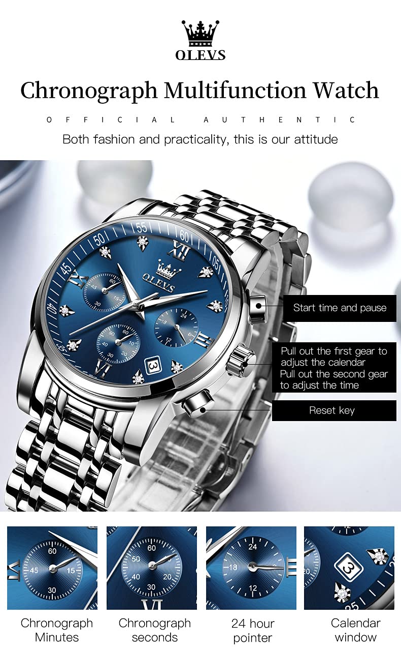 Foto 6 | Reloj Olevs Cronógrafo De Lujo De Acero Inoxidable Plateado Para Hombre - Venta Internacional.