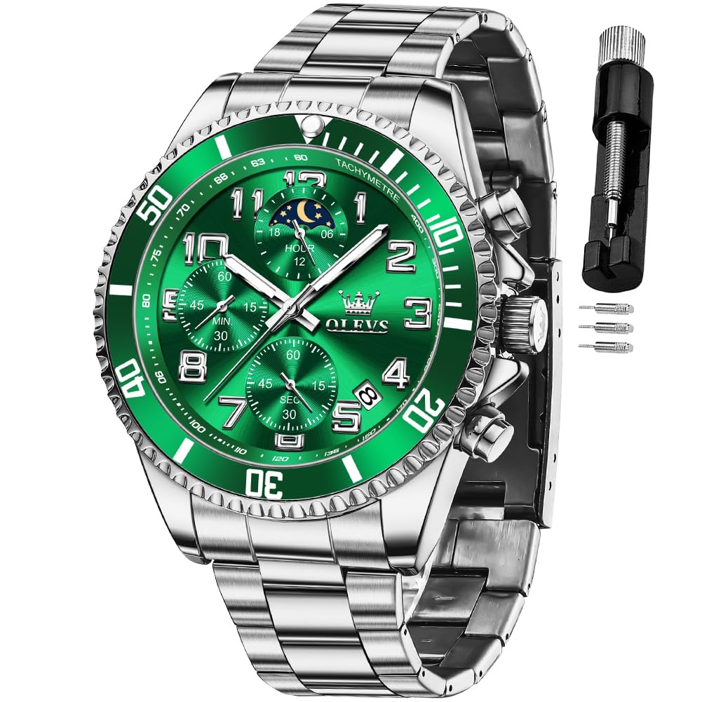 Reloj De Pulsera Olevs Green Para Hombre Chronograph Moon Phase - Venta Internacional.