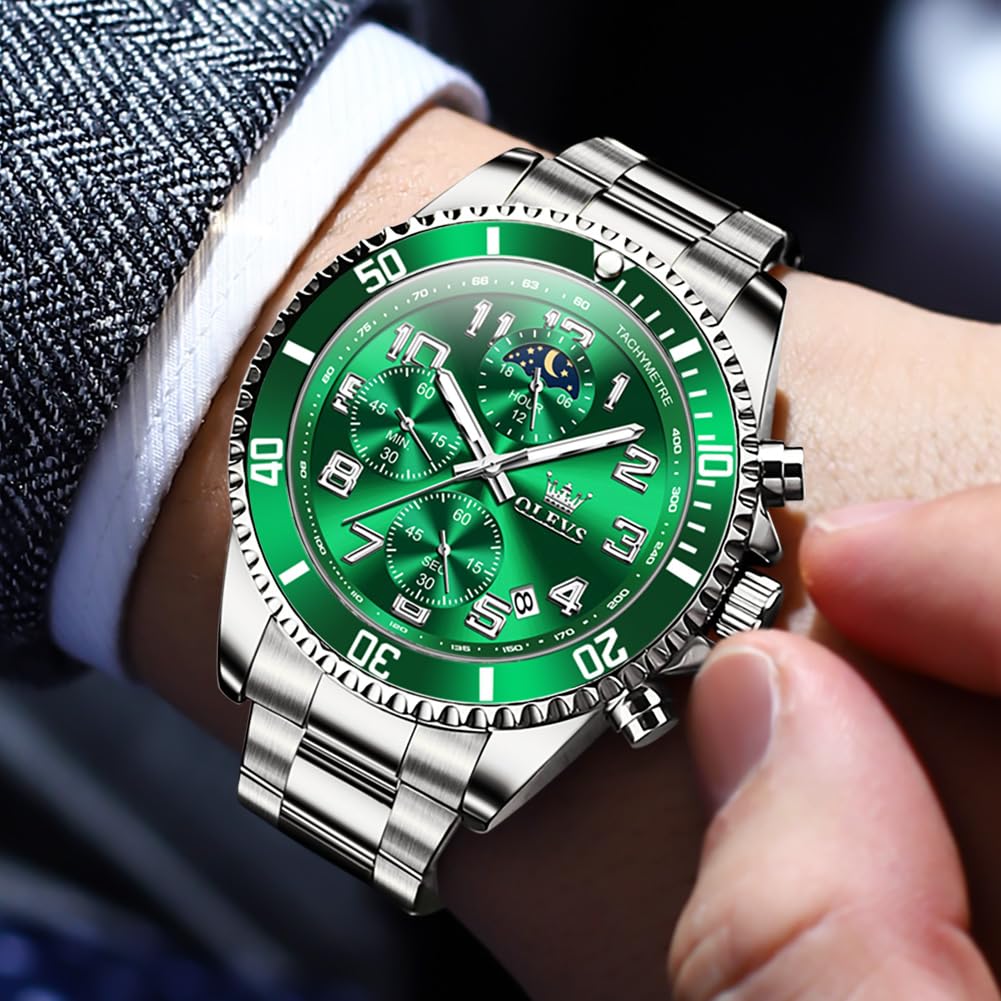Foto 2 | Reloj De Pulsera Olevs Green Para Hombre Chronograph Moon Phase - Venta Internacional.
