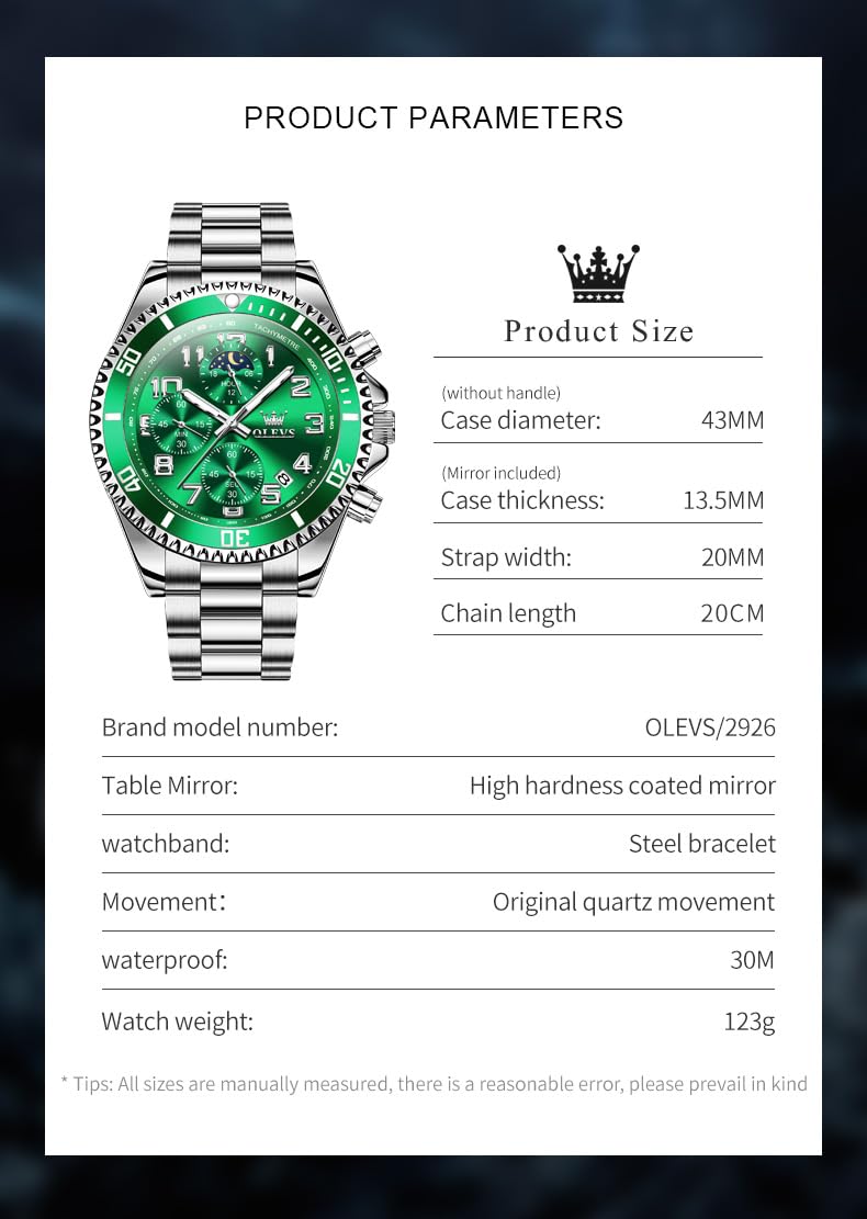 Foto 7 pulgar | Reloj De Pulsera Olevs Green Para Hombre Chronograph Moon Phase - Venta Internacional.