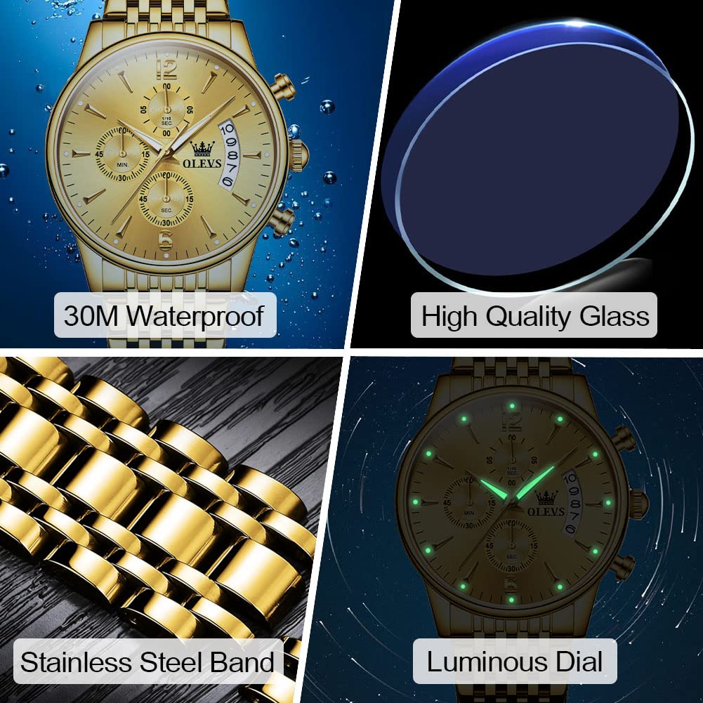 Foto 5 | Reloj Olevs De Acero Inoxidable En Oro Amarillo De 42 Mm Para Hombre Con Fecha - Venta Internacional.