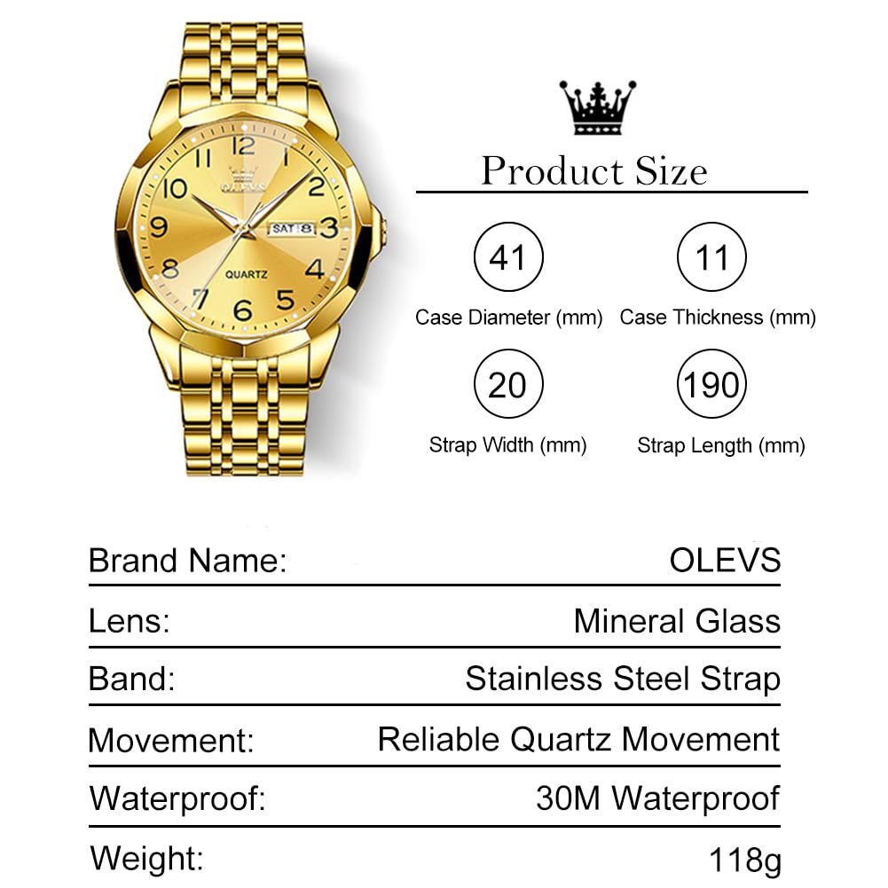 Foto 6 pulgar | Reloj Olevs Para Hombre Con Correa De Acero Inoxidable Dorado Resistente Al Agua - Venta Internacional.